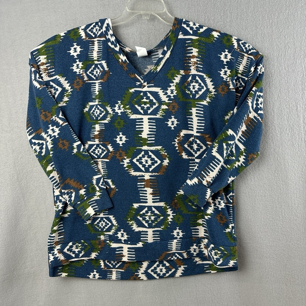 Sew in Love Top Large Aztec Print V-Neck Multicolor Blue‎